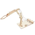Pinça robótica em madeira, ideal para experiências científicas e projetos educativos, com braço articulado e base sólida para demonstrações em laboratório ou em casa.