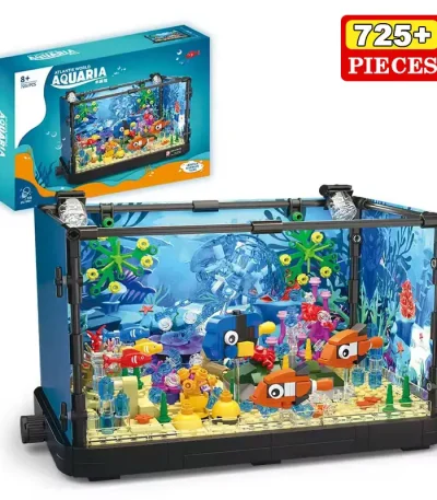 Vitrine de aquário em blocos de construção para crianças, com mais de 725 peças, permitindo criar um ambiente marinho colorido e educativo, ideal para entusiastas de ciências e decoração.