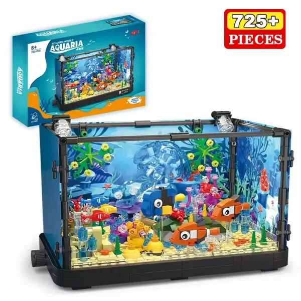 Vitrine de aquário em blocos de construção para crianças, com mais de 725 peças, permitindo criar um ambiente marinho colorido e educativo, ideal para entusiastas de ciências e decoração.