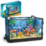 Aquário em kit para crianças com peixes coloridos, plantas aquáticas e decorações, ideal para aprender sobre a vida marinha de forma lúdica.
