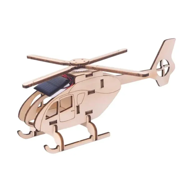Helicóptero de madeira para montar com motor solar, perfeito para decoração científica ou educativa. Fácil de montar, ideal para entusiastas de modelos mecânicos e ciências.