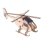 Modelo reduzido de helicóptero em madeira com painel solar integrado, perfeito para decoração científica ou educativa.
