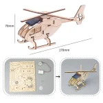 Helicóptero de madeira para montar, modelo educativo e decorativo, dimensões 170mm x 70mm, perfeito para entusiastas de bricolagem e decoração científica.