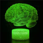 Representação de um cérebro em néon verde luminoso com uma base iluminada, ilustrando um objeto científico decorativo moderno e inovador.