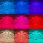 Vaso de vidro transparente iluminado por LED em diferentes cores, criando um efeito luminoso colorido e decorativo. Perfeito para decoração interior ou eventos.