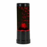 Luminária de mesa inspirada em um vulcão em erupção com efeitos luminosos vermelhos, ideal para uma decoração original e moderna.