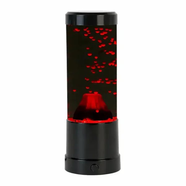 Luminária de mesa inspirada em um vulcão em erupção com efeitos luminosos vermelhos, ideal para uma decoração original e moderna.