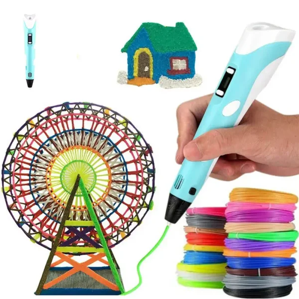 Pinça de desenho 3D inovadora para criar obras de arte usando filamentos coloridos, ideal para projetos criativos e educativos.
