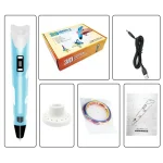 Pincel 3D para impressão em relevo, kit inicial com cabo USB, filamentos coloridos, suporte e manual de instruções. Ideal para criações artísticas e educativas.