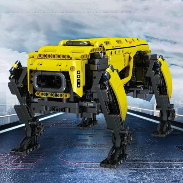 Veículo robô LEGO em amarelo com quatro patas articuladas, projetado para ciência e tecnologia. Perfeito para decoração ou aprendizagem científica.
