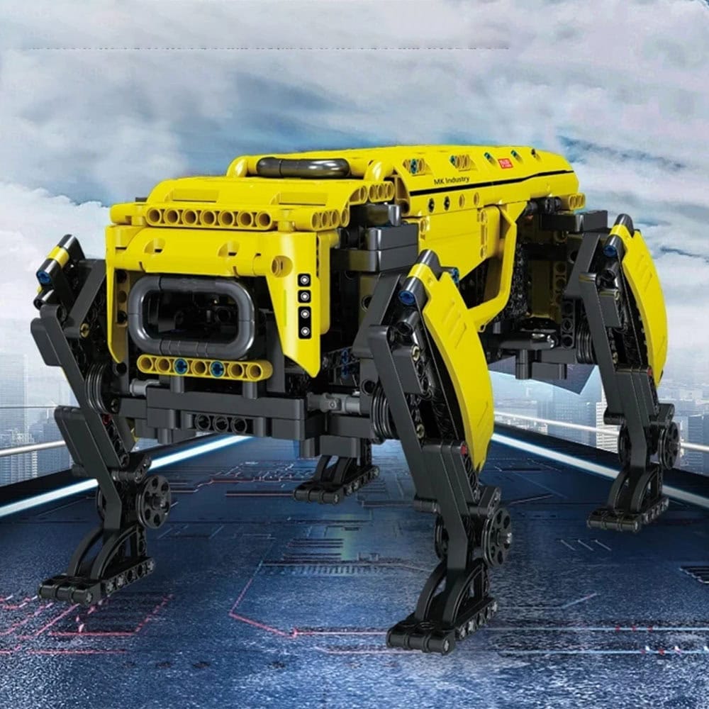 cao-robot-para-adulto-1 Veículo robô LEGO em amarelo com quatro patas articuladas, projetado para ciência e tecnologia. Perfeito para decoração ou aprendizagem científica.
