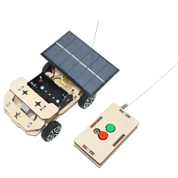 Kit robô solar com controle remoto, incluindo um veículo solar e um controlador, ideal para projetos educativos em ciências e tecnologia.