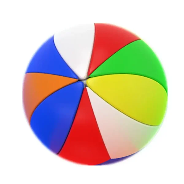 Bola de praia multicolorida com segmentos vermelhos, azuis, verdes, amarelos e brancos, ideal para a praia ou piscina.