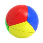 Bola de puzzle colorida com segmentos vermelhos, azuis, verdes e amarelos, ideal para aprendizagem e entretenimento científico.