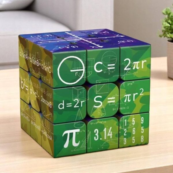 Cubo educativo com fórmulas matemáticas e científicas, ideal para a aprendizagem lúdica das ciências.