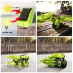 Painel solar com lâmpada halógena e robô de jardinagem em forma de dinossauro, ambos alimentados por energia solar, em um ambiente externo ensolarado.