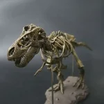 Modelo em miniatura de esqueleto de Tyrannosaurus rex, mostrando seus ossos detalhados e sua estrutura pré-histórica, perfeito para decoração científica ou educativa.