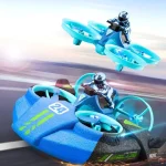 Imagem de um foguete de corrida futurista com dois pilotos em traje high-tech, voando em alta velocidade em uma pista, com design inovador e luzes LED azuis.