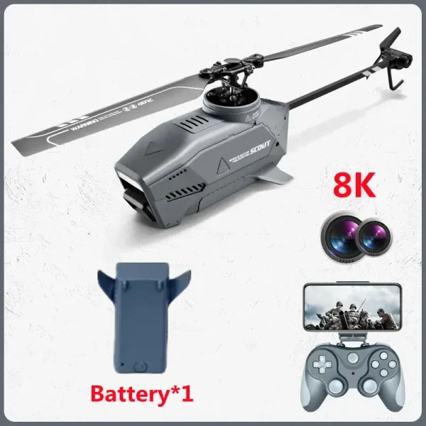 Helicóptero científico controlado remotamente com câmera 8K, controlador e bateria, ideal para pesquisa e educação. Perfeito para explorar ciência e tecnologia ao ar livre.