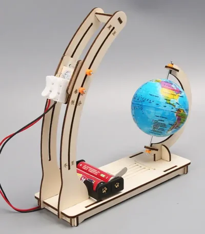 Modelo educativo em madeira com globo terrestre, perfeito para o aprendizado das ciências e decoração de escritório ou sala de aula.