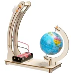 Púlpito científico em madeira com globo terrestre e componentes elétricos para experiências educativas. Ideal para o aprendizado das ciências e decoração de escritório ou sala de aula.