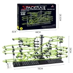 Jogo de construção de circuito de trem espacial luminoso, modelo SpaceRail, com trilhos luminosos verdes e estrutura preta, para crianças e entusiastas de ciência.