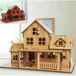 Casa em miniatura de madeira com vários níveis e janelas, ideal para decoração interior ou coleção de objetos científicos.