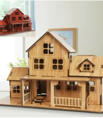 Casa em miniatura de madeira com vários níveis e janelas, ideal para decoração interior ou coleção de objetos científicos.