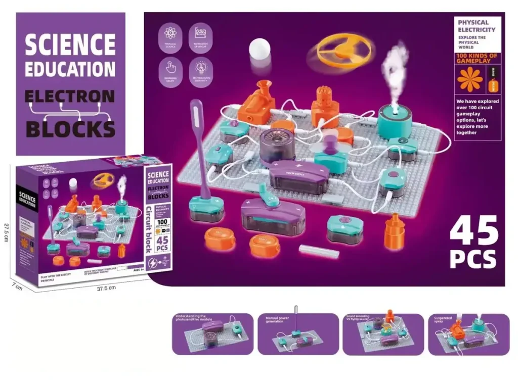 Jogo de circuito elétrico educativo para crianças de 6 anos, incluindo 45 peças para aprender eletricidade de forma lúdica.