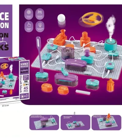 Jogo de circuito elétrico educativo para crianças de 6 anos, incluindo 45 peças para aprender eletricidade de forma lúdica.
