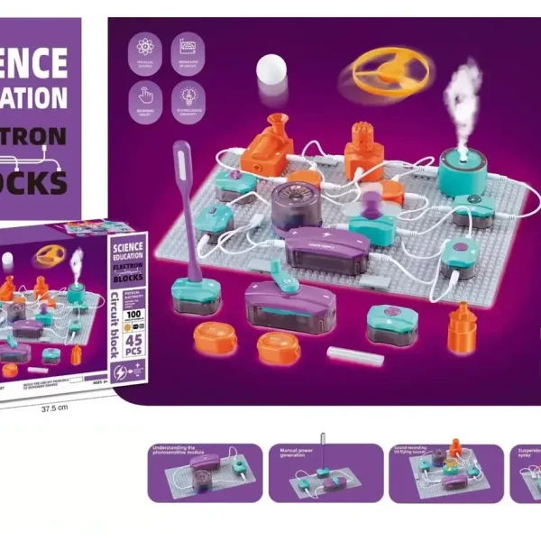 Jogo de circuito elétrico educativo para crianças de 6 anos, incluindo 45 peças para aprender eletricidade de forma lúdica.