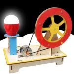 Perífrase de uma máquina a vapor educativa com roda, bobina e lâmpada, concebida para a aprendizagem científica e decoração.