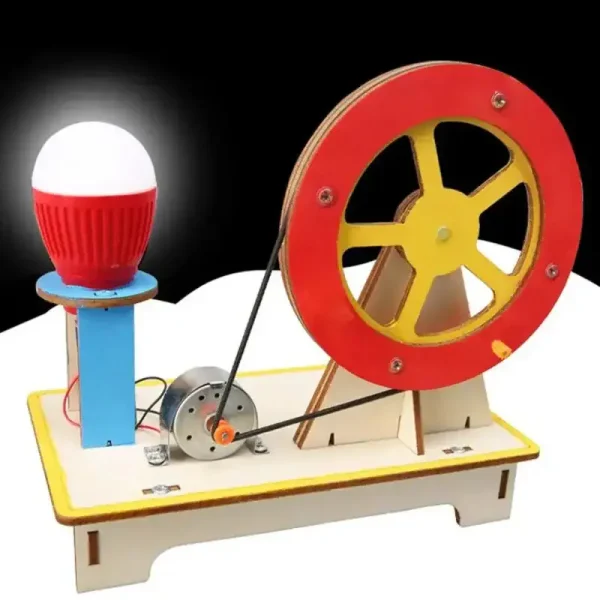 Perífrase de uma máquina a vapor educativa com roda, bobina e lâmpada, concebida para a aprendizagem científica e decoração.