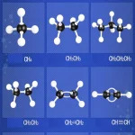 Modelos moleculares em 3D de diferentes moléculas orgânicas, ilustrando a estrutura química e a disposição dos átomos.
