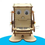 Robô em madeira com olhos de plástico, mecanismos coloridos, perfeito para a aprendizagem científica e decoração educativa.