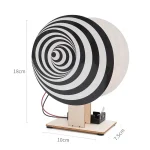 Disco em espiral preto e branco com suporte em madeira, perfeito para decoração científica ou educativa. Dimensões: 18cm de altura, 10cm de largura, 7.5cm de profundidade.