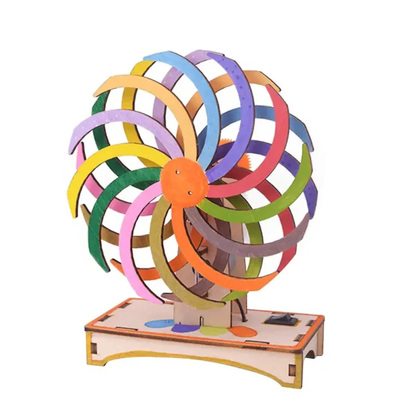 Modelo de roda de Newton em madeira pintada em cores vivas, ilustrando o princípio da conservação de energia por movimento rotativo.