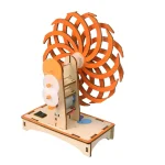 Perpétuo de energia mecânica, modelo educativo para demonstração científica, com engrenagens laranja e mecanismo de madeira, ideal para o aprendizado de física.