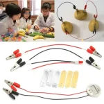 Kit de experiências científicas para estudantes, incluindo cabos, pinças e componentes para experiências elétricas e químicas.