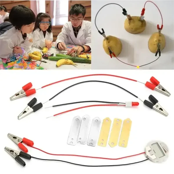 Kit de experiências científicas para estudantes, incluindo cabos, pinças e componentes para experiências elétricas e químicas.