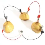 Batata conectada a cabos elétricos com pinças, ilustrando uma experiência científica ou uma decoração original inspirada na ciência.