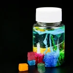 Garrafa de gel luminescente com cubos coloridos, ideal para decoração científica e educativa, trazendo um toque de luz e cor ao seu espaço.
