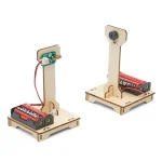 Púlpito científico em madeira com motor elétrico e bateria, ideal para experiências educativas e projetos STEM para crianças e estudantes.