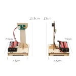 Púlpito científico com motor, sensor e alimentação, ideal para experiências educativas em física e engenharia. Dimensões: 11,5 cm de altura, 12 cm de largura, base de 7,5 cm.