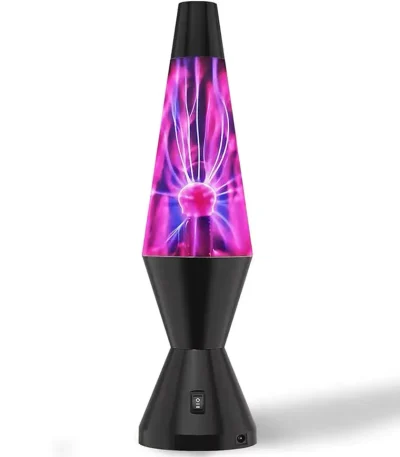 Lâmpada de plasma em forma de foguete com raios luminosos violetas e rosas.