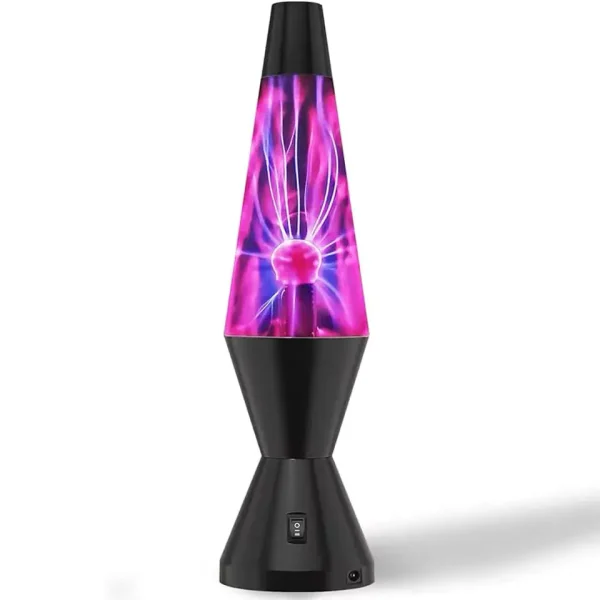 Lâmpada de plasma em forma de foguete com raios luminosos violetas e rosas.