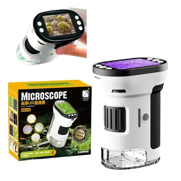 Câmera digital de microscópio com tela integrada para observação científica.