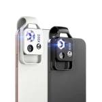 Lanterna LED compacta com zoom de 200x, ideal para ciência e exploração. Fácil de usar, com design elegante em branco e preto, perfeita para atividades científicas ou de camping.