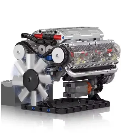 Modelo LEGO de motor científico com peças detalhadas, incluindo um ventilador, pistões e componentes mecânicos, ilustrando a tecnologia e a mecânica.
