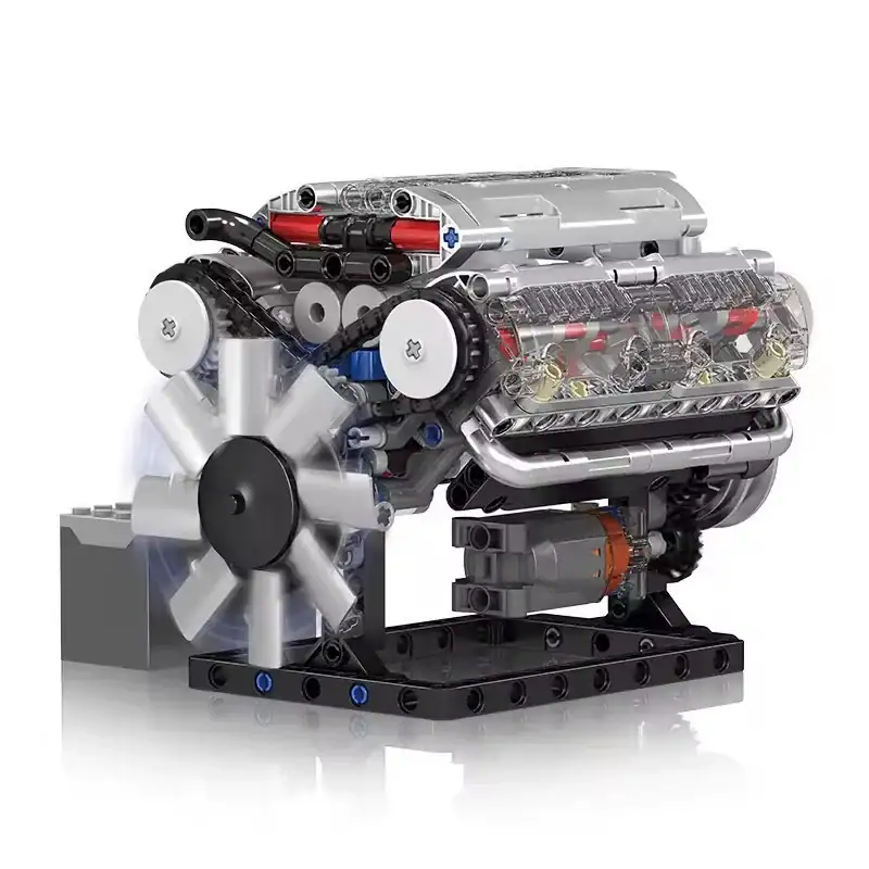 Modelo LEGO de motor científico com peças detalhadas, incluindo um ventilador, pistões e componentes mecânicos, ilustrando a tecnologia e a mecânica.